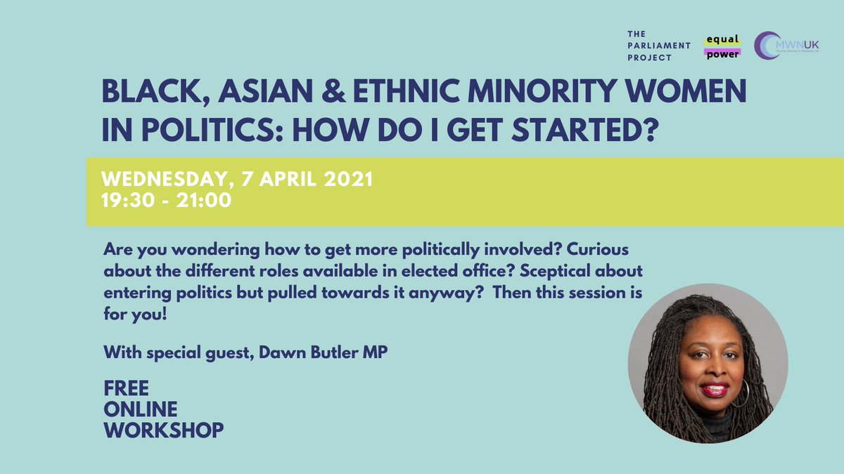 Be part of the change towards more inclusive politics 🙋🏿‍♀️🙋🏾‍♀️🙋🏽‍♀️ Join us alongside @MuslimWomenUK and special guest @DawnButlerBrent for an empowering online workshops to kickstart your political career 🙌🏾🗳️ Find out more: bit.ly/GettingStarted… #EqualPower #GetReadyToStand