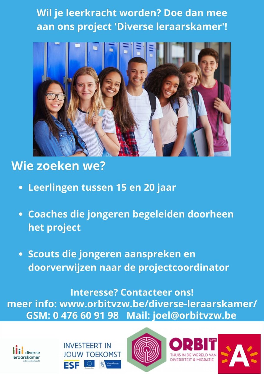 Het project ‘Diverse leraarskamer’ heeft als doel om jongeren met een #migratieachtergrond te motiveren om #leraar te worden. Om dit project tot een goed eind te brengen is ORBIT vzw op zoek naar verschillende profielen:
-Jongeren:
-Scouts &amp; begeleiders

 orbitvzw.be/diverse-leraar…