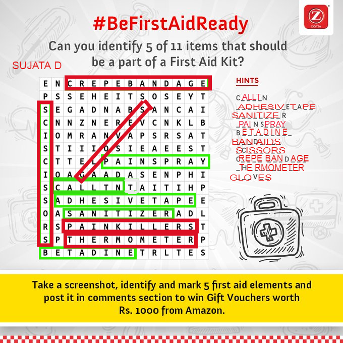 mysterioussu's tweet photo. @Ziqitza Marked the first five in Green colour
Crepe bandage
Painspray
CallTN
Adhesive tape
Sanitizer
Painkiller
Thermometer
Betadine
Scissors
Gloves
#BeFirstAidReady
@Ziqitza
@Aka5htweet
@TheGoodSoul03
@KaranBlessed
@KirtiCh1 https://t.co/jW8BSE7yAb