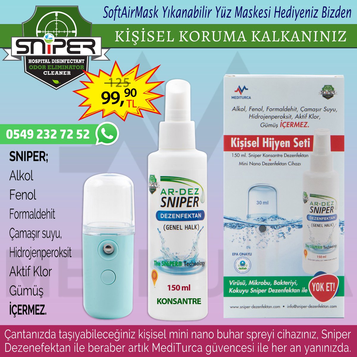 Çantanızda taşıyabileceğiniz kişisel mini nano buhar spreyi cihazınız, Sniper Dezenefektan ile beraber artık MediTurca güvencesi ile her an yanınızda⁠.
⁠Daha fazla bilgi için:⁠
sniper-dezenfektan.com
#alkolsüz #zehirsiz #antialerjik 
#yeninesil #akıllı #sniperdezenfektan