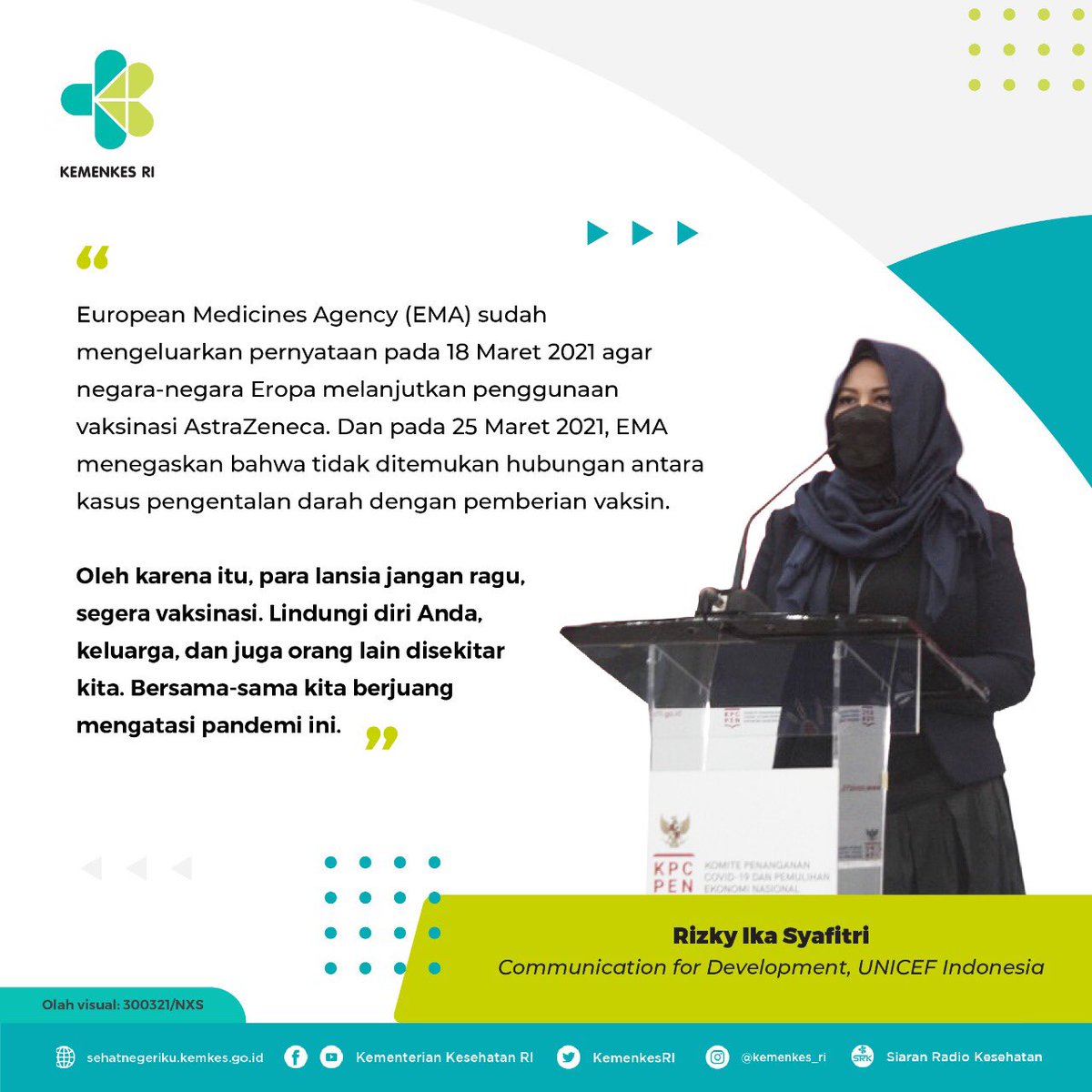 KemenkesRI's tweet photo. #Healthies, Pemerintah memastikan Vaksin AstraZeneca yang digunakan untuk program vaksinasi nasional, terbukti aman, bermutu dan berkhasiat karena telah melalui serangkaian pengujian ketat sesuai dengan standar WHO. https://t.co/6HmgNMmBk2