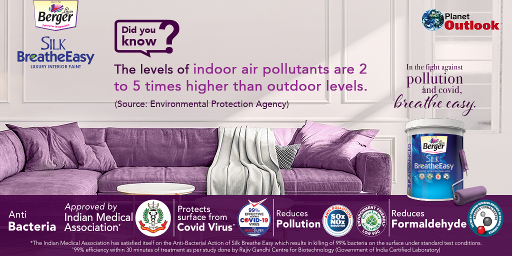 Outlookindia's tweet photo. Turn your home into a breathe easy space with Berger Silk Breathe Easy – a paint that’s globally certified to reduce the levels of SOx and NOx gases at home.
#MyBreatheEasySpace
#BergerPaints #BergerPaintsIndia #COPD #teriin #ipca123 #DelhiPollutionSolution #DelhiBreathe #WHO https://t.co/6JdSc9ukj3