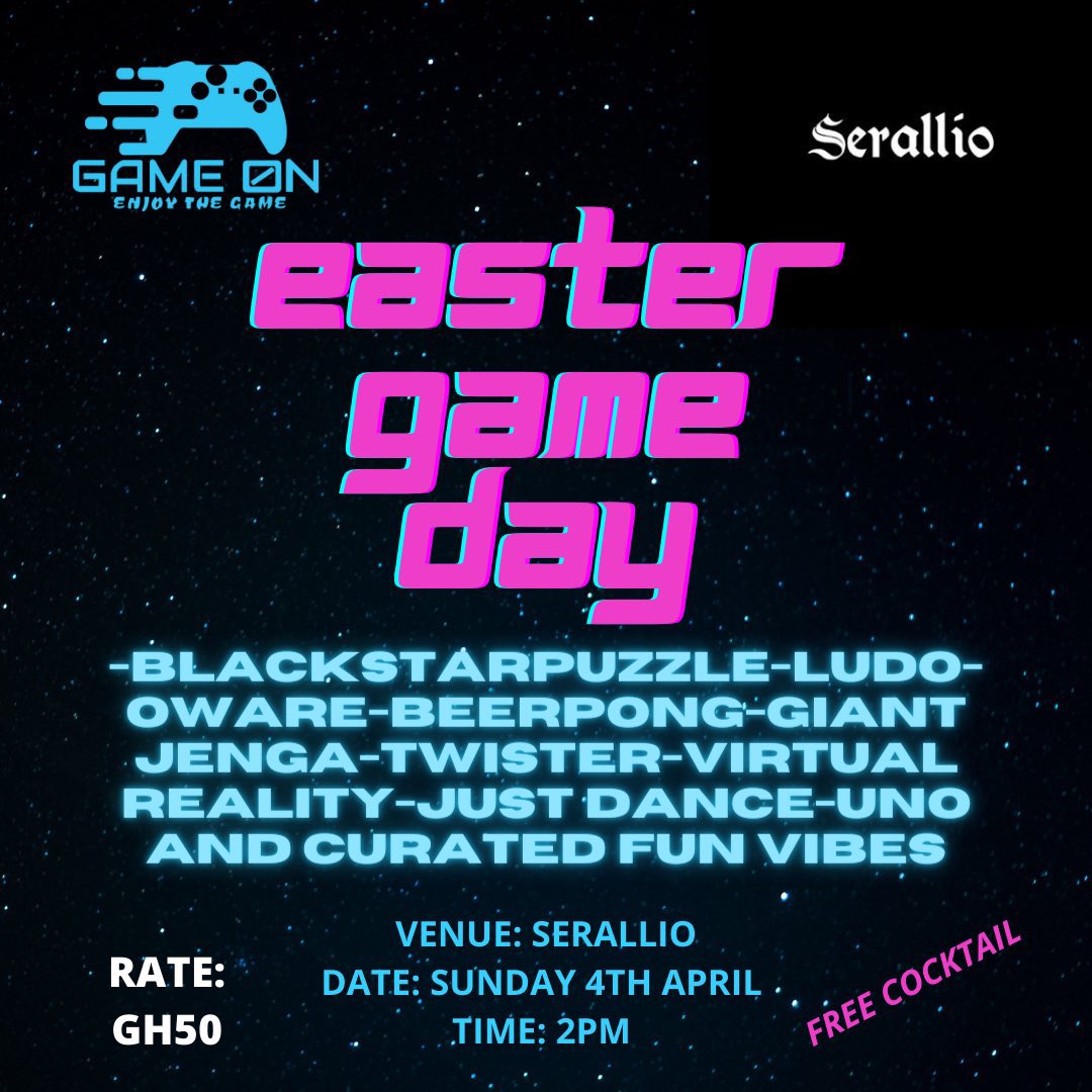 Midweek reminder! 📅 

HOLIDAY MODE ACTIVATED! We’re open from tomorrow through till Sunday. We’ve also got <a href="/Game_On_GH/">GameOnGh🎮🕹</a> hosting an Easter Game Day on Sunday. Details in the poster. Come through 🥳🥳🥳