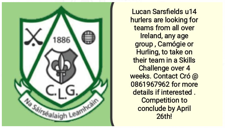 lucansarspro's tweet photo. Calling all underage @officialgaa hurling and @OfficialCamogie teams - Want to take part in a challenge? Get in touch with Cró for more details!! #BeTheBest https://t.co/HULVYp4fPE