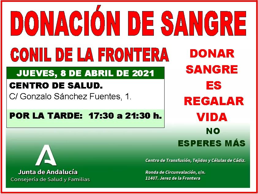 🔴 El jueves 8 de abril 💉 𝗗𝗼𝗻𝗮𝗰𝗶𝗼𝗻 𝗱𝗲 𝘀𝗮𝗻𝗴𝗿𝗲 💉 🔴𝘾𝙚𝙣𝙩𝙧𝙤 𝙙𝙚 𝙎𝙖𝙡𝙪𝙙 🏥 C/Gonzalo Sánchez Fuentes, 1 (JUEVES 8) ①⑦.③⓪ⓗ ⓐ ②①.③⓪ⓗ