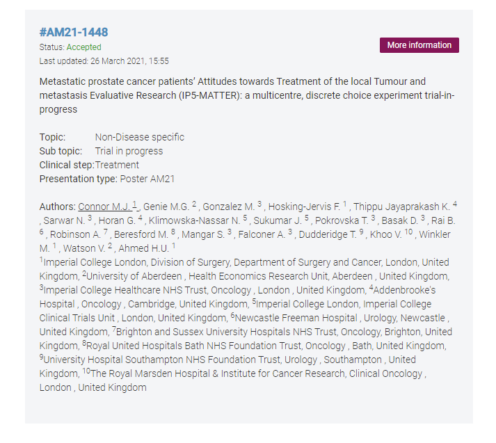 MatterTrial's tweet photo. 📢We are very excited to be able to share @MatterTrial progress with you, accepted as a trials-in-progress abstract @Uroweb #EAU21 annual congress!

Congratulations to all the co-authors &amp; funders @wellcometrust @UCLHCharity @HERU_Abdn @Connor_Urol @VWatsonEcon @LondonProstate1 https://t.co/lD8Jmps3ME