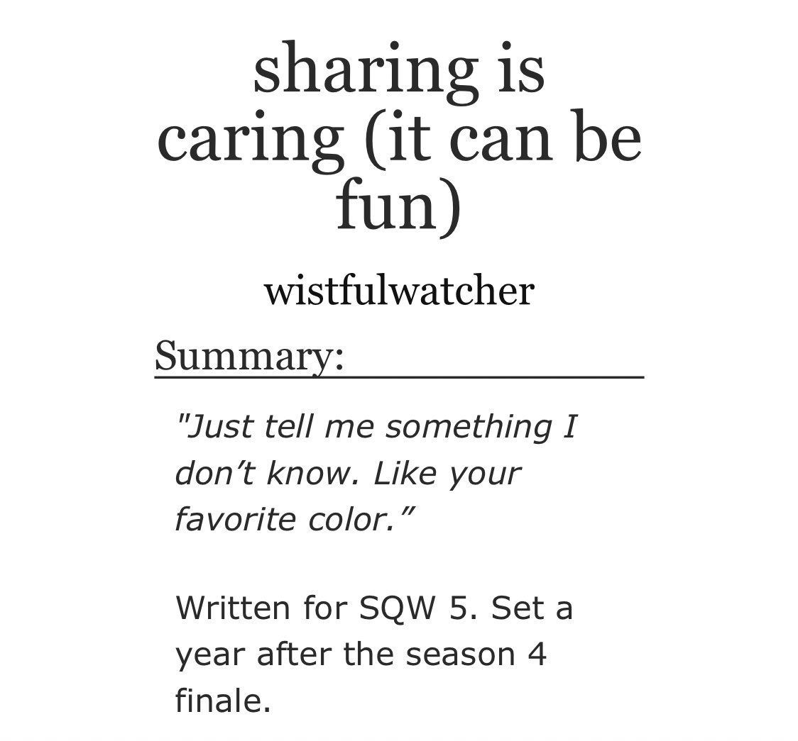 March 30: sharing is caring (it can be fun) by wistfulwatcher  https://archiveofourown.org/works/4398029 