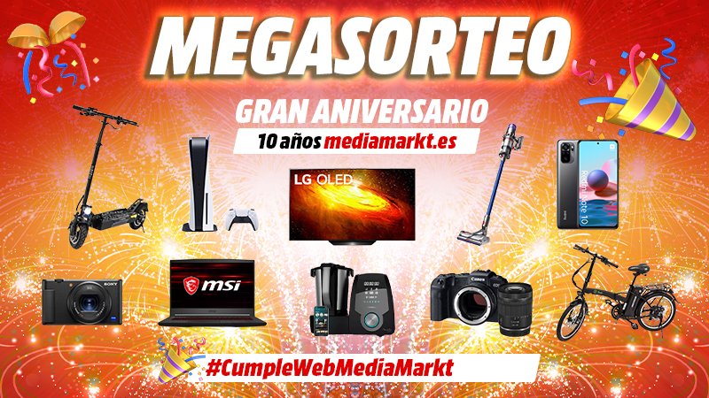 🎆MEGASORTEO🎇 Celebramos el Gran Aniversario 🎂 de MediaMarkt.es SORTEANDO los 10 productos más🔝

1⃣ Síguenos 
2⃣ Felicítanos usando #CumpleWebMediaMarkt

‼️ A más comentarios, más opciones de ganar ‼️

⏱️Hasta el 25/04 #Sorteo ¡Mucha suerte!🍀