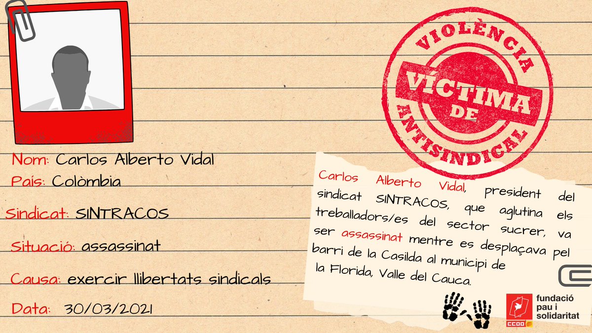 PauiSolidaritat's tweet photo. 📢Assassinat, Carlos Alberto Vidal, president del sindicat #sintracos x defensar els drets dels treballadores/es del sector sucrer.
#stopviolènciaantisindical

Prou persecució contra el moviment sindical.
Exercir les llibertats sindicals és un dret humà.
#EmpresiDretsHumans https://t.co/QhMjfSfB4x