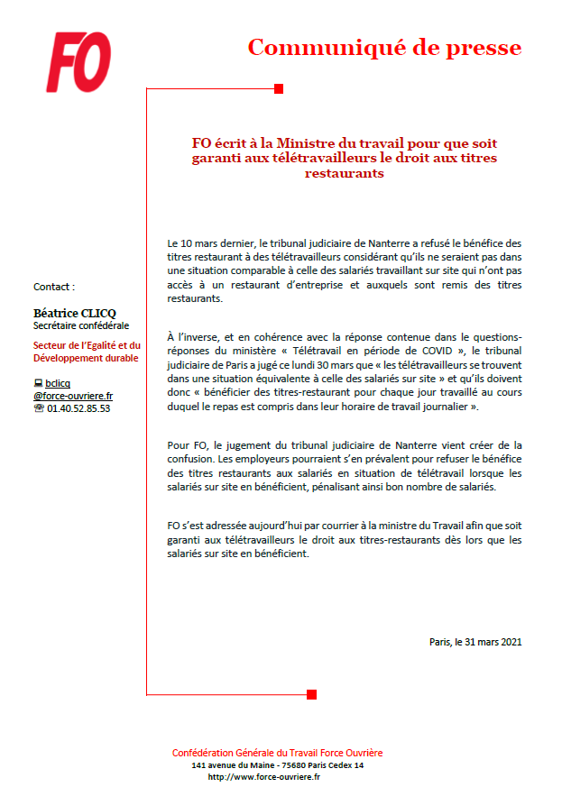 force_ouvriere's tweet photo. [#Communiqué] FO écrit à la Ministre du Travail pour que soit garanti aux télétravailleurs le droit aux titres restaurants.
#teletravail #ticketsrestaurants https://t.co/E1B1KHh0t2