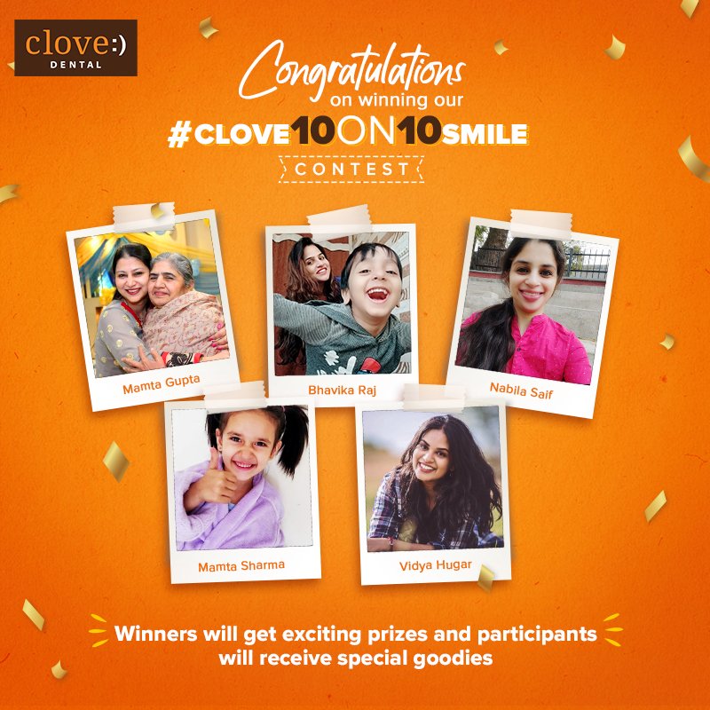 Every smile is beautiful & ur #Clove10On10Smile made our anniversary even more special! 🥳
#Congrats to all the #winners! Exciting prizes will be shared at ur doorstep shortly! 
And to all our participants, we have special goodies for ALL of u too! ✨#CloveDental #ContestWinners