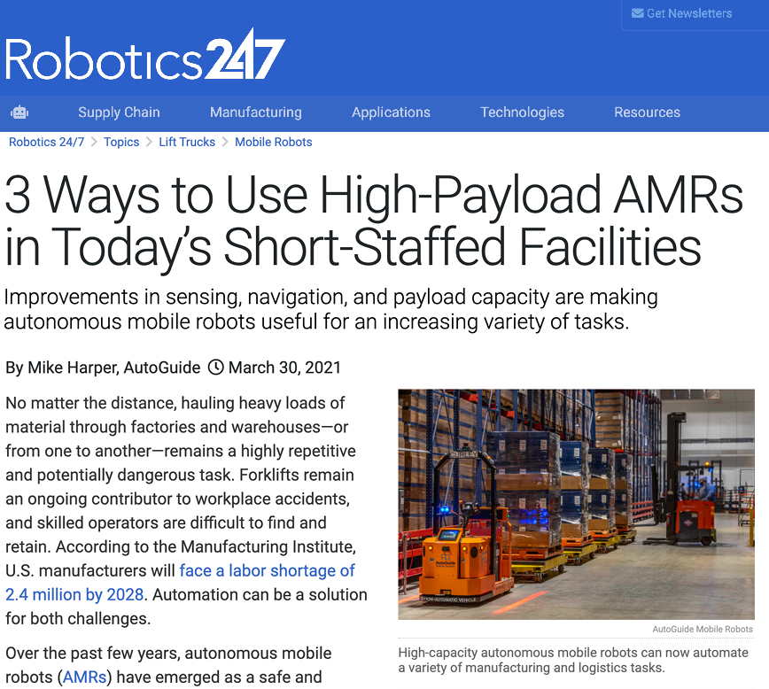 AGmobilerobots's tweet photo. 3 Ways to Use High-Payload AMRs in Today’s Short-Staffed Facilities. Improvements in sensing, navigation, and payload capacity make #AMRs useful for more tasks. By our Mike Harper for @robotics247. #mobilerobots #highpayload #materialhandling https://t.co/vC4dDdRKPy https://t.co/K7z0AjrFDQ