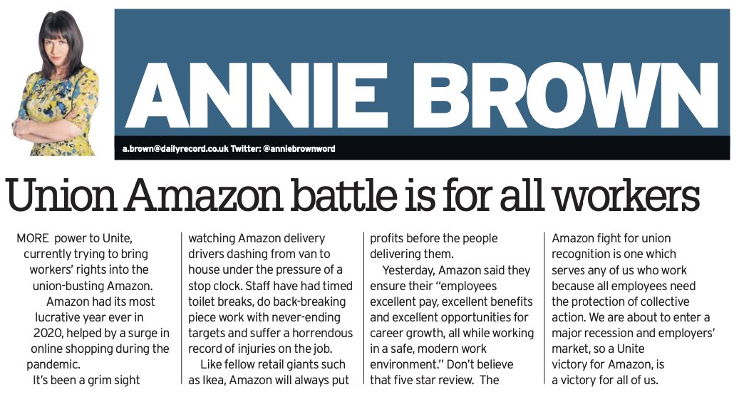 UniteScotland's tweet image. "The Amazon fight for Union recognition is one which serves any of us who work ... a Unite victory for Amazon is a victory for all of us."
Thanks for your powerful words @anniebrownword in today's @Daily_Record 🙏

Follow @ActionOnAmScot &amp;amp; support an #AmazonUnion in Scotland 🏴󠁧󠁢󠁳󠁣󠁴󠁿