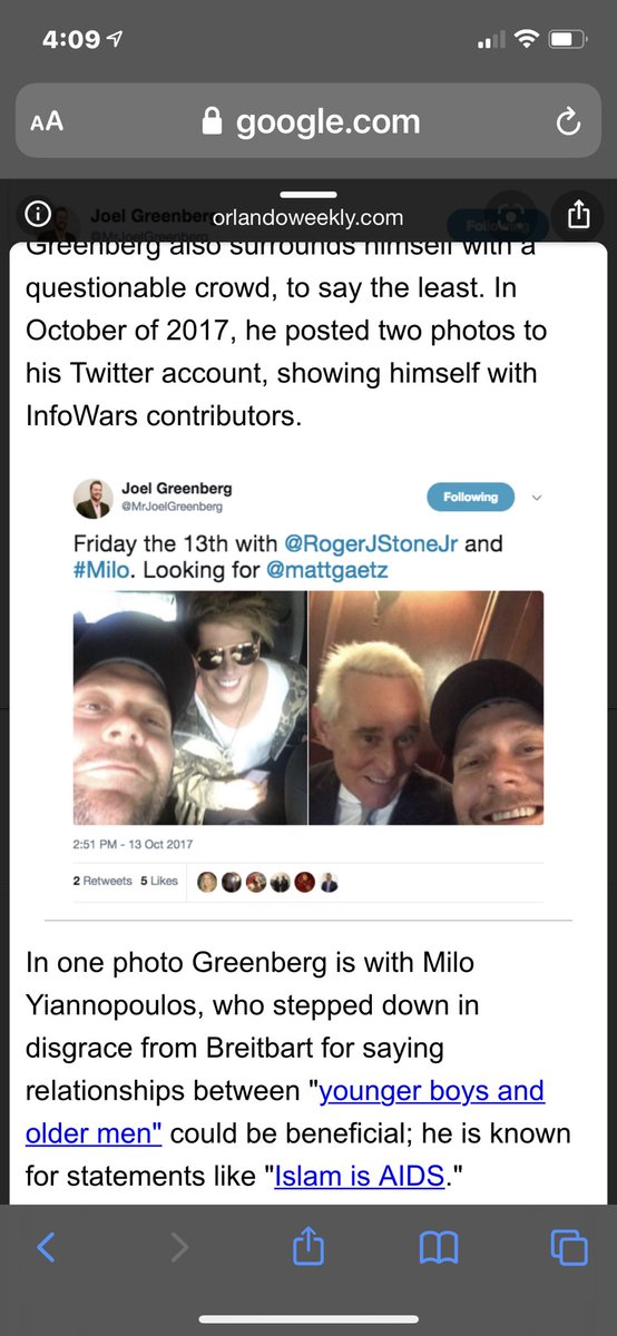 Then there is this interesting Joel Greenberg tweet. We’ve already seen the picture of Roger Stone w/ Matt Gaetz & Joe Greenburg. Halloween 2017 Greenburg tweeted pics with Roger Stone & Milo Yiannopolis...looking for Matt Gaetz.