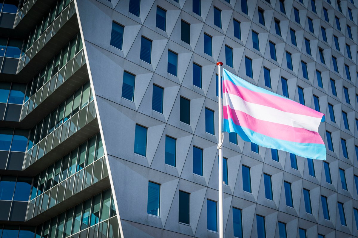 Newsroom070's tweet photo. Als 1e gemeente hees Den Haag op 31/3 de Transgendervlag. Blauwe &amp; roze staan symbool voor jongens en meisjes &amp; wit voor mensen die zich niet als man/vrouw identificeren, in transitie zitten, intersekse zijn of in proces van geslachtsverandering zitten https://t.co/BbG946EHMT https://t.co/CmOVE4qVrP