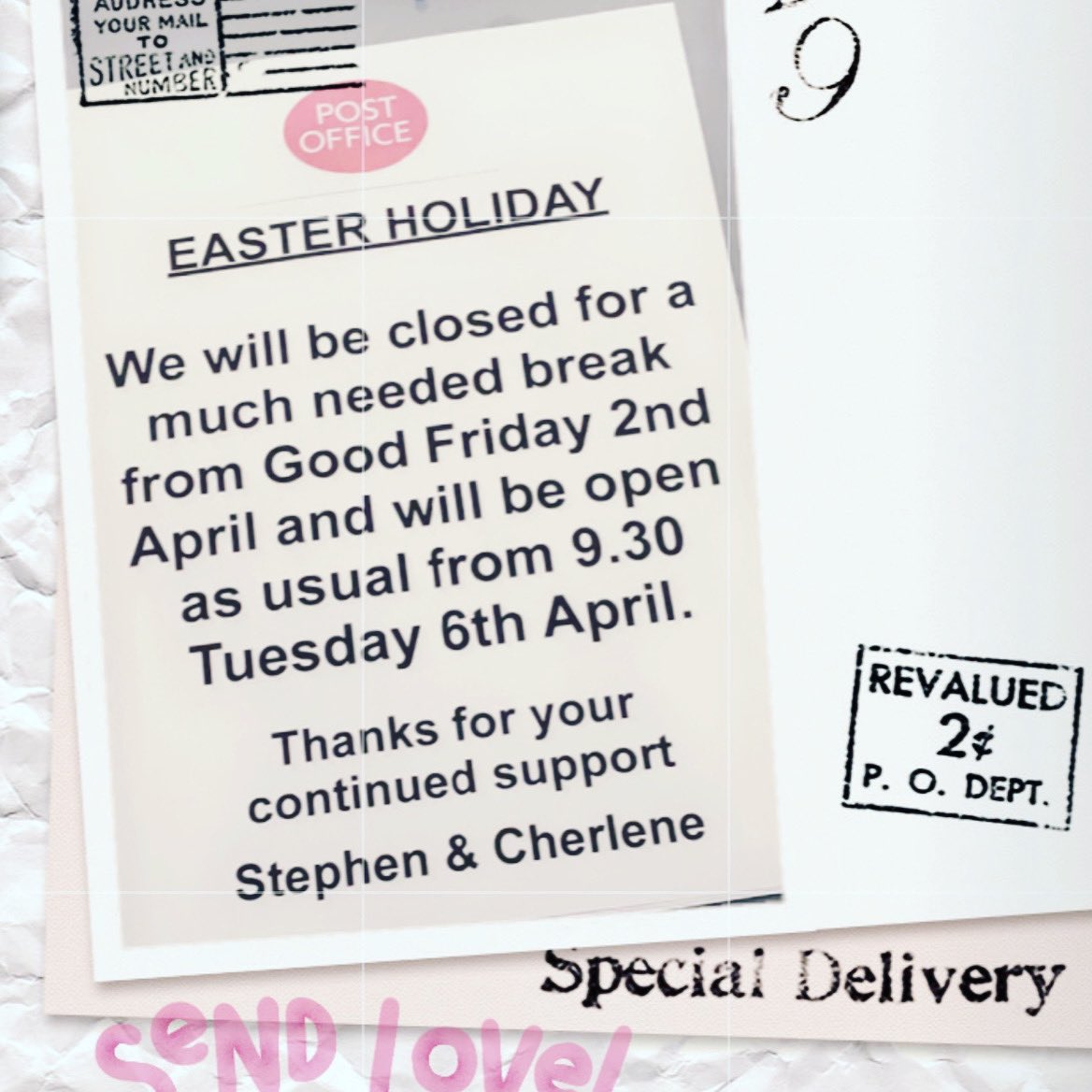 🌼🌼🐥🌸🐥We will be closed from Good Friday 2nd April until Tuesday 6th April 9.30 am for a much needed Easter rest. 
As most of you know it has only been Stephen and I since Christmas, we want to thank you for your continued support of our family business. 🐥🌼🐥🌼🐥🌼🐥#easter