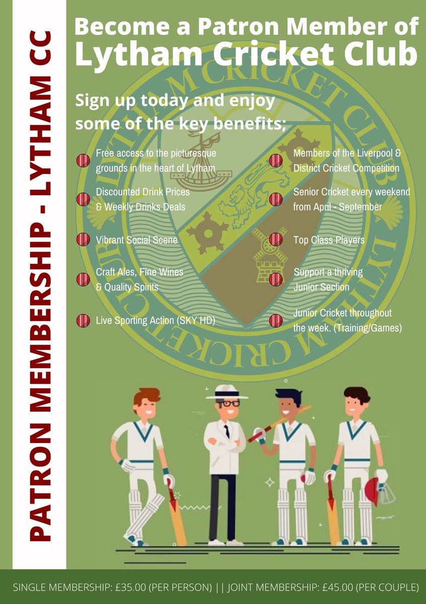 PATRON MEMBERSHIP 2021 🏏

Our Patron Membership is live for the 2021 season. 

Will you join us? 

The COVID-19 pandemic has impacted everyone over the past year, including us here at Lytham CC

Become a Patron Member today for £35* &amp; help make the 2021 season a memorable one.