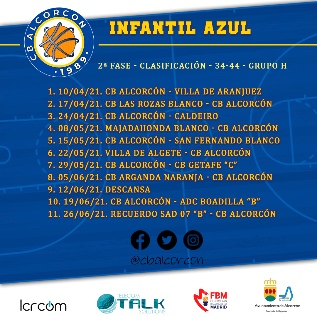 cbalcorcon's tweet photo. Calendario 2ª Fase - Infantil Azul

Suerte a todos.

#cba #cbalcorcon #baloncestoalcorcon #deportesalcorcon #somosCBA #desde1989 #somosAlcorcon #fbm #baloncesto #basket #alcorcon #infantilazul https://t.co/EBPUy18M3Q