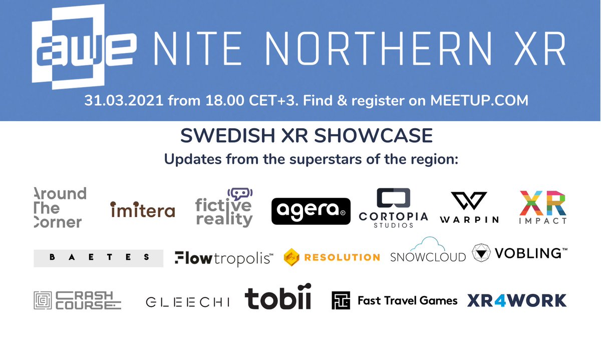 The Swedish XR Showcase happens TODAY! 
Signup: meetup.com/awenitenorther…
After-party: account.altvr.com/events/1701044…
Listen to / hang out with <a href="/fasttravelgames/">Fast Travel Games</a> <a href="/resolutiongame/">Resolution Games</a>
 <a href="/AgeraGames/">Agera Games 🌿</a>
<a href="/pettersthlm/">Petter Lindblad</a> <a href="/imitera/">Imitera</a> <a href="/BobbyrossoSTHLM/">Robert Södergren</a> <a href="/alloverse/">alloverse</a> <a href="/XR_Impact/">XR Impact</a> <a href="/XR4Work/">XR4work</a> <a href="/Vobling/">Vobling</a> <a href="/TobiiTechnology/">Tobii</a>