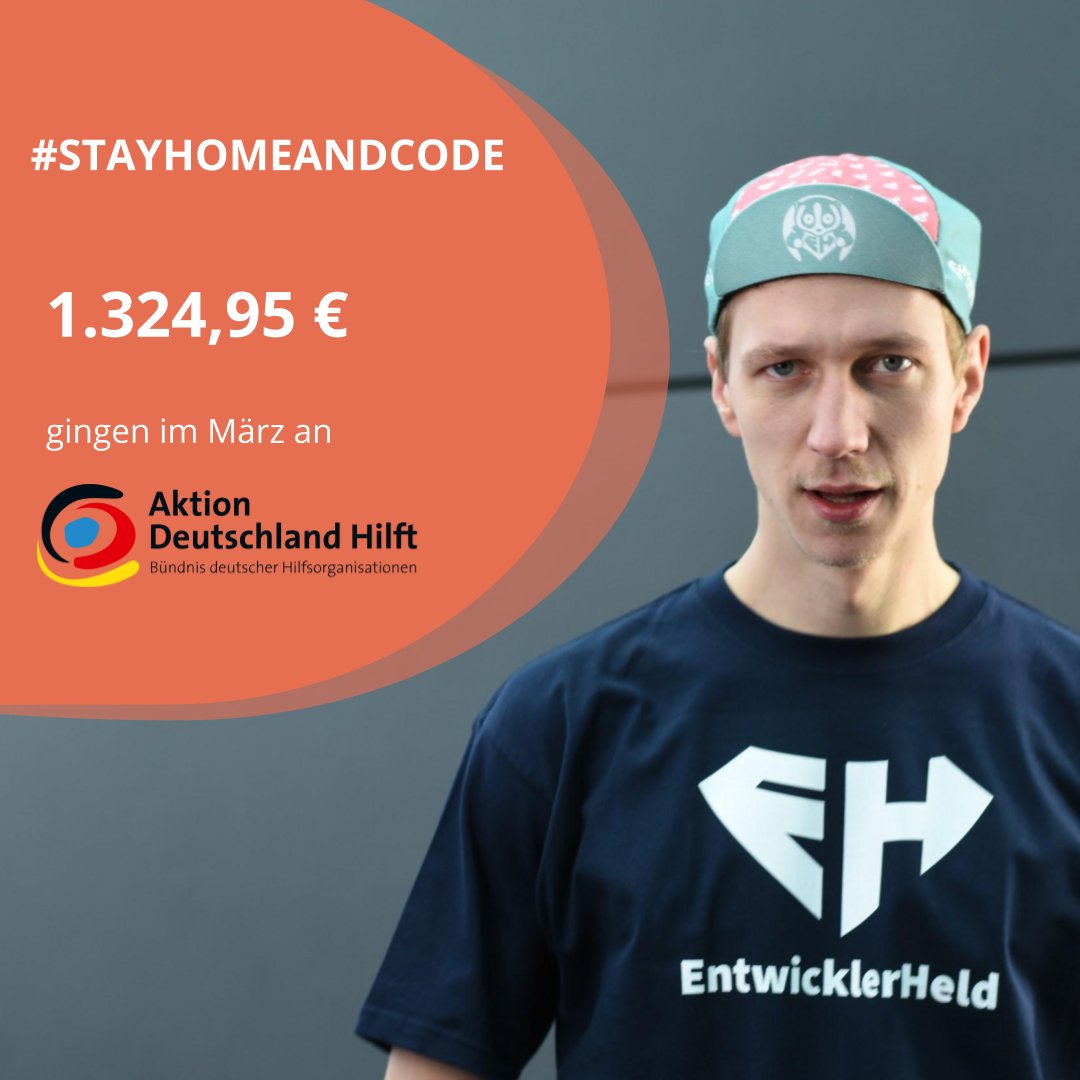 EntwicklerHeld's tweet photo. Mit unserer Aktion #stayhomeandcode haben Entwicklerheld*innen die zusätzliche Quality Time auf der Couch genutzt, um Gutes zu tun. Wir konnten im März 1.324,95€ an die @AktionDHilft senden. Danke an die beste Community der Welt! https://t.co/jWHVzEZKmT
