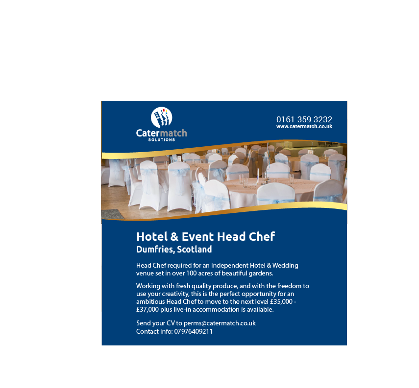 Hotel &amp; Event Chef required. #Dumfries #Scotland £35-37k per annum. Live-in accommodation is available  #ChefJobs #HeadChef. Send CV to perms@catermatch.co.uk