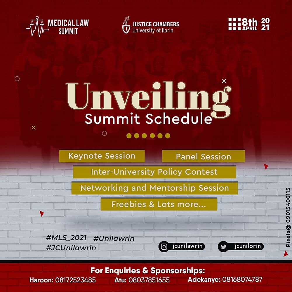 JCuniLawrin's tweet photo. We all survived through the pandemic and we have been forced to adapt to a *"New Normal"

The MEDICAL LAW SUMMIT is the first of it's kind in the University of Ilorin and you can't afford to miss out on this history making event!

TO REGISTER:
https://t.co/goJ7fixBaD

#MLS https://t.co/aOqe0xKhuy