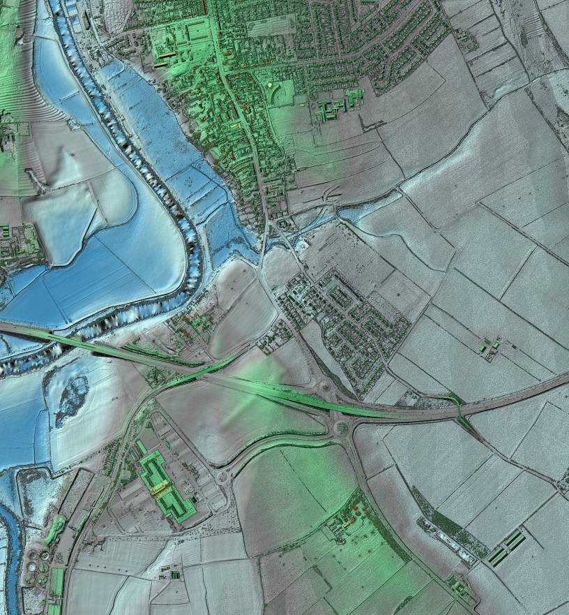 50cm DSM Lidar of the Battle of Fulford (1066) site showing its low lying nature either side of the River Ouse, and the Germany Beck entering from the top right.