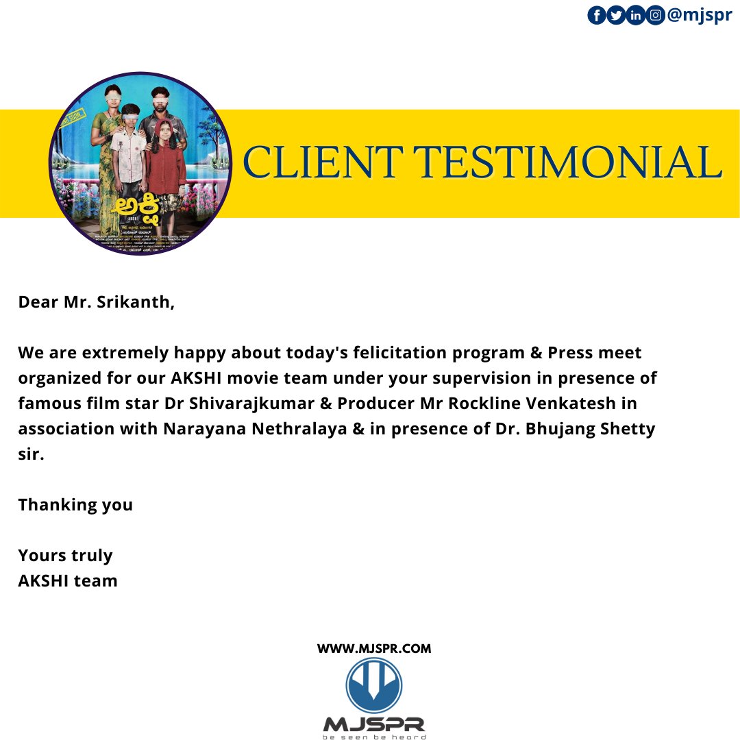 MJSrikant's tweet photo. Client testimonial
Thank you Akshi - Kannada Film team
#thankyou #testimonial #review #feedback #testimonicustomer #happycustomer #testimonialtuesday #customerfeedback #akshi #kannadafilm #bestkannadafilm #67thnationalfilmawards #mjspr #prfirm #mjsrikant #thestrategist https://t.co/LAulvp7ixq