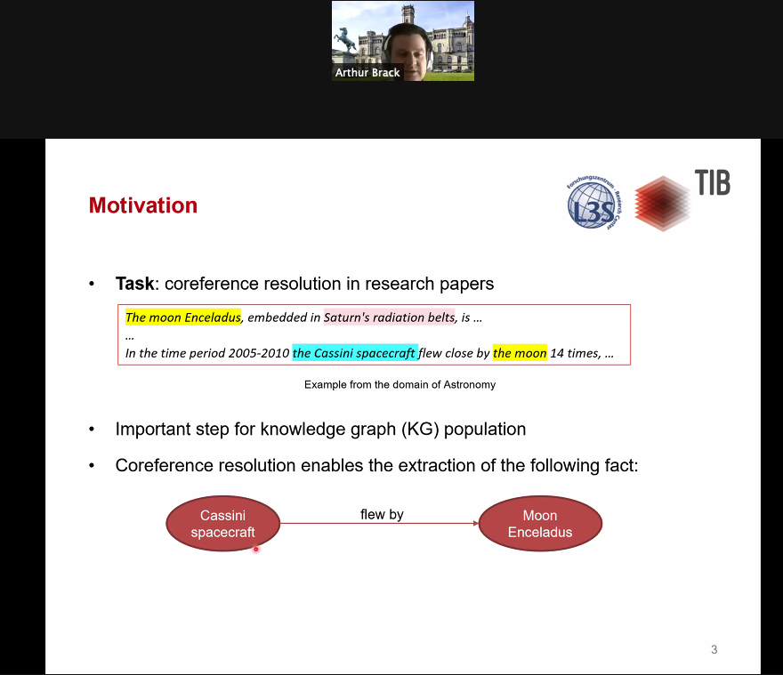 2021Ecir's tweet photo. @2021ecir Coreference Resolution in #ResearchPapers from #MultipleDomains
Speaker @ArthurBrack
Now on #Session 7A: #InformationExtraction and #KnowledgeGraphsย
Chair @krisztianbalog
#ecir2021 https://t.co/ll4KHIWScz