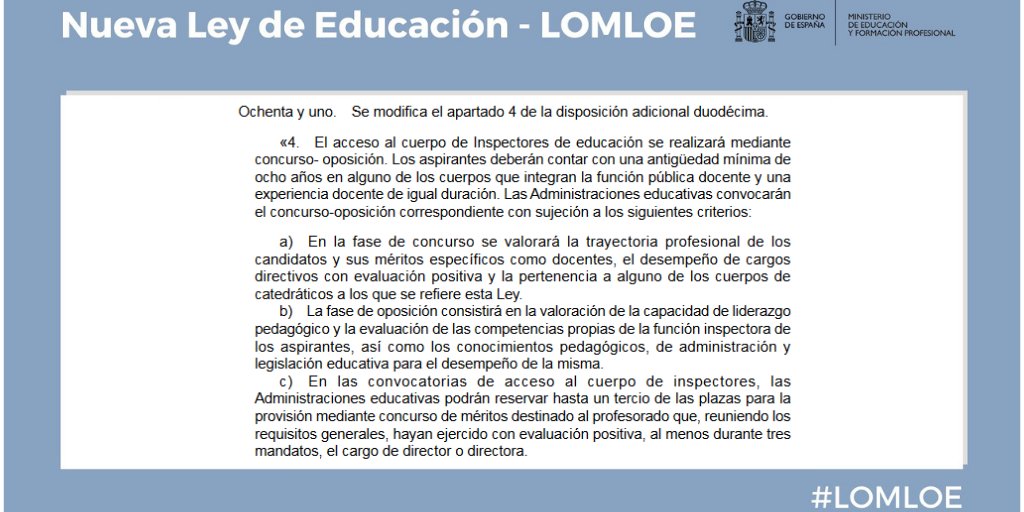 educaciongob's tweet photo. ❓¿Cómo se puede ser inspector de educación?

📝La #LOMLOE establece que el acceso a este cuerpo se realizará "mediante concurso-oposición" y será necesario tener "una antigüedad mínima de 8 años". https://t.co/WzPTgLWgWw