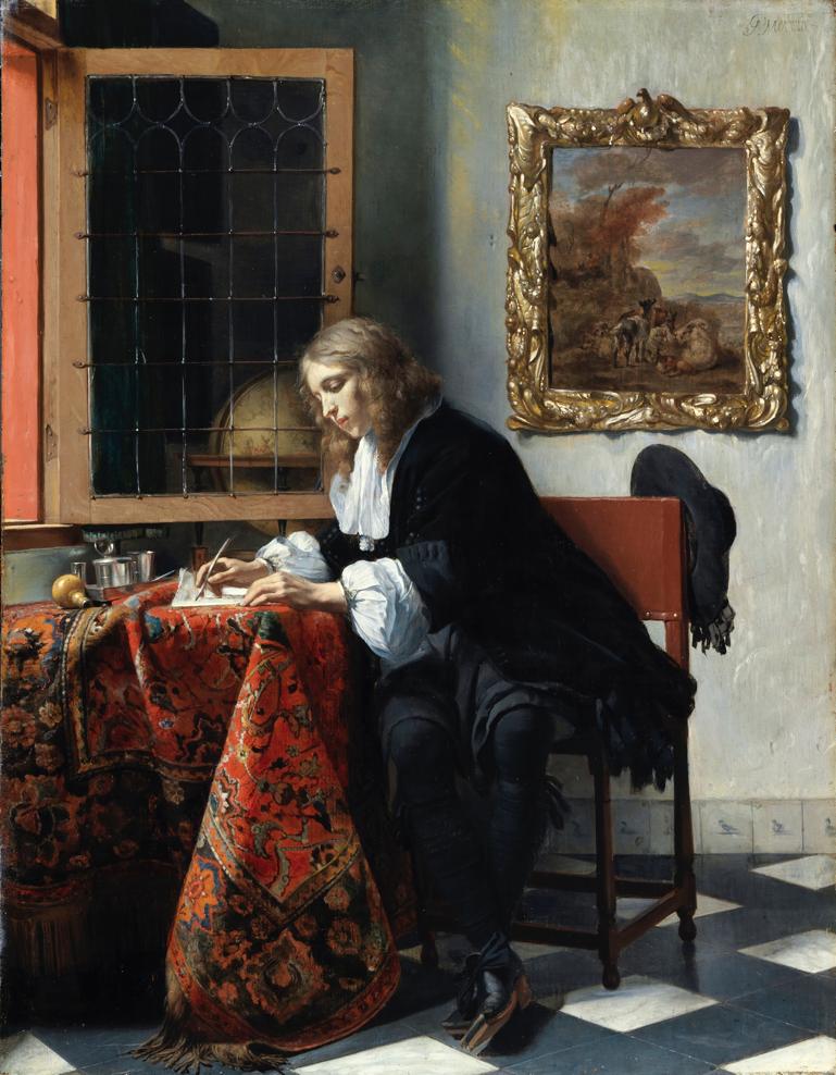 When looked at in connection with its companion painting (both works were gifted to the Gallery by Sir Alfred and Lady Beit in 1987) we can assume that the woman is reading a love letter from this man, and trying to hide from her maid by turning it away from her.