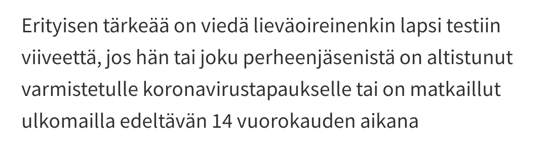 TeeHool1's tweet photo. Hei @helsinginsote! Kertoisitteko, miksi teiltä ohjeistetaan, ettei tartunnan saaneen vanhemman oireilevan lapsen tarvitse mennä testiin kuin vasta 4 vrk kuluttua vanhemman testistä?

Näyttää vahvasti, että pk- ja koulutartuntoja sekä karanteeneja vältellään Hki. Alla THL ohje. https://t.co/RHs7JsCGBJ