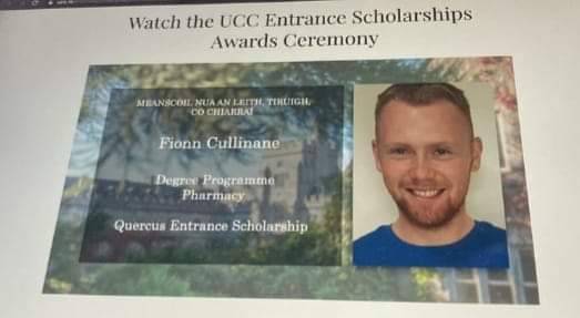 Huge congratulations to Fionn Cullinane, LC 2020, who received a Quercus Entrance Scholarship from UCC. Fionn is in his first year studying pharmacy. Ard fhear Fionn!