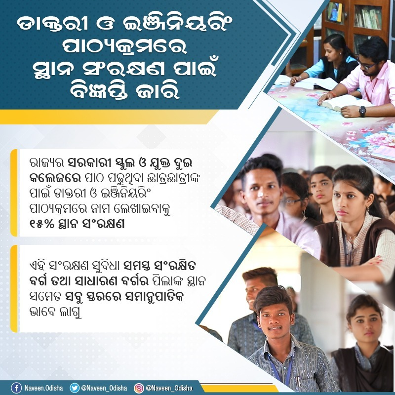 Naveen_Odisha's tweet photo. ରାଜ୍ୟର ଲକ୍ଷ ଲକ୍ଷ ଛାତ୍ରଛାତ୍ରୀଙ୍କ ସ୍ୱପ୍ନ ପୂରଣ କରିବା ପାଇଁ ଡାକ୍ତରୀ ଓ ଇଞ୍ଜିନିୟରିଂ ପାଠ୍ୟକ୍ରମରେ ସଂରକ୍ଷଣ ନେଇ ବିଜ୍ଞପ୍ତି ଜାରି ହୋଇଛି। ଆମ ପ୍ରତିଶ୍ରୁତି ଅନୁଯାୟୀ ସରକାରୀ ସ୍କୁଲ ଓ +୨ରେ ପାଠ ପଢୁଥିବା ଛାତ୍ରଛାତ୍ରୀଙ୍କ ପାଇଁ ଡାକ୍ତରୀ ଓ ଇଞ୍ଜିନିୟରିଂ ପାଠ୍ୟକ୍ରମରେ ୧୫% ସ୍ଥାନ ସଂରକ୍ଷଣ କରାଯାଇଛି। https://t.co/l1FmKoWi9x