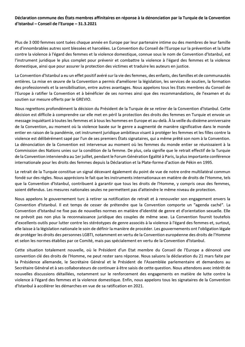 RepFranceCdE's tweet photo. Déclaration conjointe pour la #ConventionIstanbul : la France et 26 États regrettent la décision de retrait de la Présidence turque, et appellent la 🇹🇷 à renouveler son engagement envers @CoE_endVAW pour combattre ensemble la violence faite aux femmes et la violence domestique https://t.co/g0R0CGbjfC
