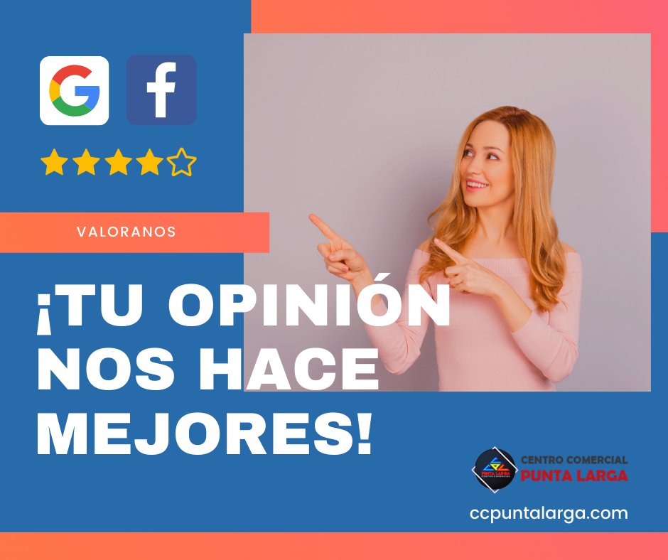 ccpuntalarga's tweet photo. ➡️Tú opinión nos hace mejores. 😎

Valóranos en Google o en Facebook, escribe tu reseña sobre tu experiencia en nuestro Centro. 
Consideramos fundamental conocer la opinión de nuestros clientes y clientas posible. 

Ayudándonos a mejorar cada día. 😄
⭐⭐⭐⭐⭐ https://t.co/6xt8XsQRhb