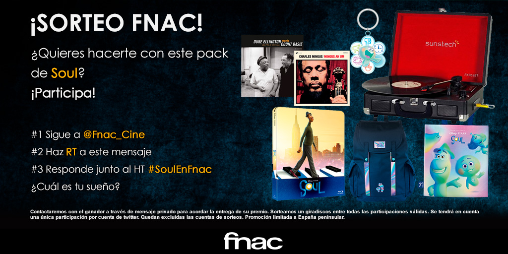 Fnac_MusicaCine's tweet photo. #Soul ya está disponible en #Fnac, y para celebrarlo... ¿Qué mejor que un sorteo? ¡Participa!

✅Sigue a @Fnac_Cine 
✅Haz RT a este mensaje
✅Responde junto al HT #SoulEnFnac ¿Cuál es tu sueño?
https://t.co/SDDd624Dpf https://t.co/gBbTHelPlR