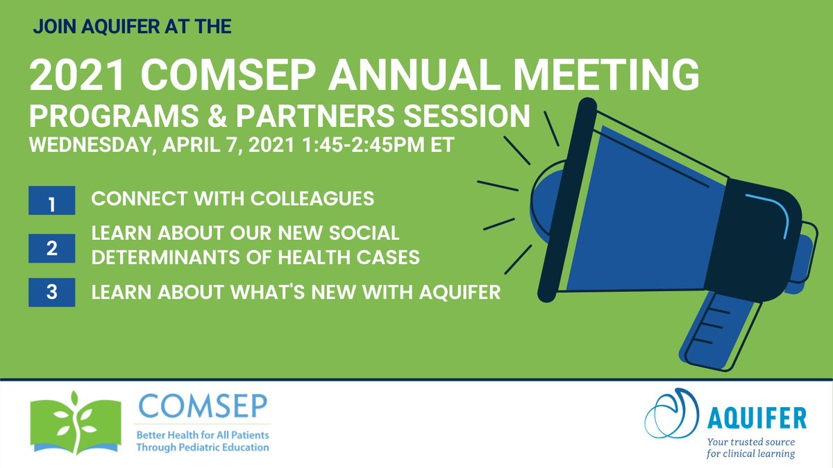 AquiferOrg's tweet photo. Are you registered for the @COMSEPediatrics Annual Meeting next week? We are excited to see you there! Join the Programs & Partners session and come see us in our zoom room! We'll be joined by consortium members @mheldtobin and Mike Dell! #COMSEP #COMSEP2021 #MedEd #MedTwitter https://t.co/zAxBnR1kLI