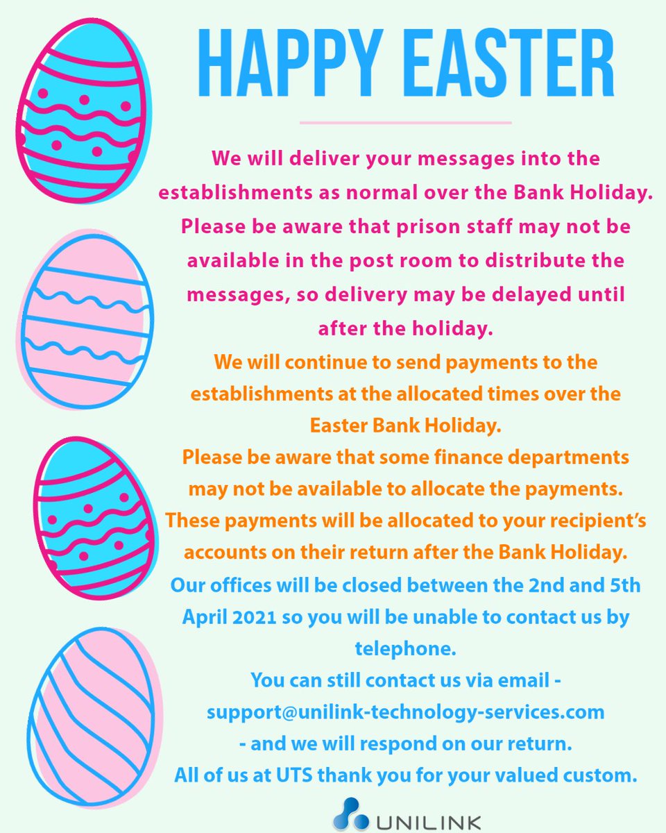 PrisonTechnolog's tweet photo. Our Easter Bank Holiday opening hours 👇

@InsideTimeUK @UnilinkSW @hmpps @VideoVisits @MoJGovUK @NIPrisons @scottishprisons @prisonadvice @easyjail @TheTartanCon @FamiliesOutside @PFHelpline @ChildrenHandS @HelpWithVisits @Fonesavvyuk @PFvoices @sussexprisonfam @PRTuk @niacro https://t.co/FRkko0JTbv