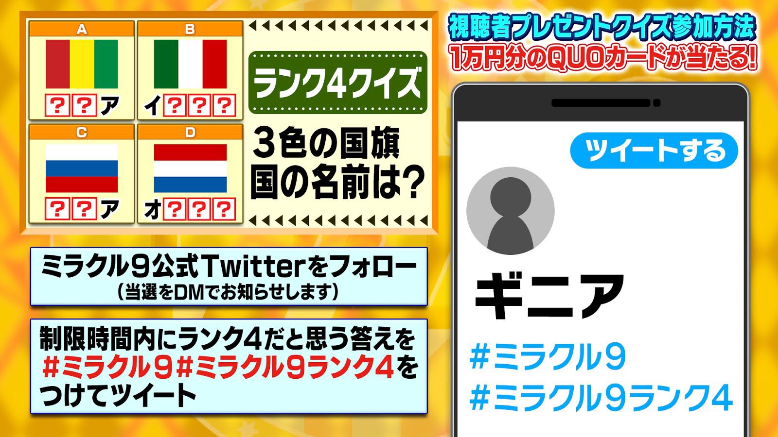 くりぃむクイズミラクル9 7月28日 水 よる6時45分 3時間sp 一部地域を除く この後19時19分頃 ミラクル9 視聴者参加クイズ企画 スタート ランク4qでは4 問出題します 参加方法 このアカウントをフォロー 制限時間内に下記の と1番正答率