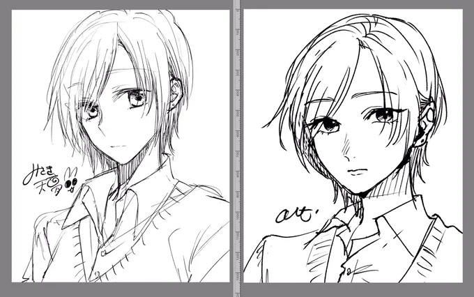 てんてん(@m_tenco29Q )と百合カフェさんで落書きしあいこっしてた✨てんてんの中性イケメンJKを真似て描いたよ☺️ 