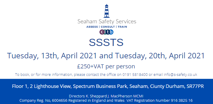 SeahamSafety's tweet photo. There are still spaces available on our SSSTS course in April.

Grab your space before they have gone!

☎️0191 5818400
✉️info@s-safety.co.uk https://t.co/32j1hvcnE0