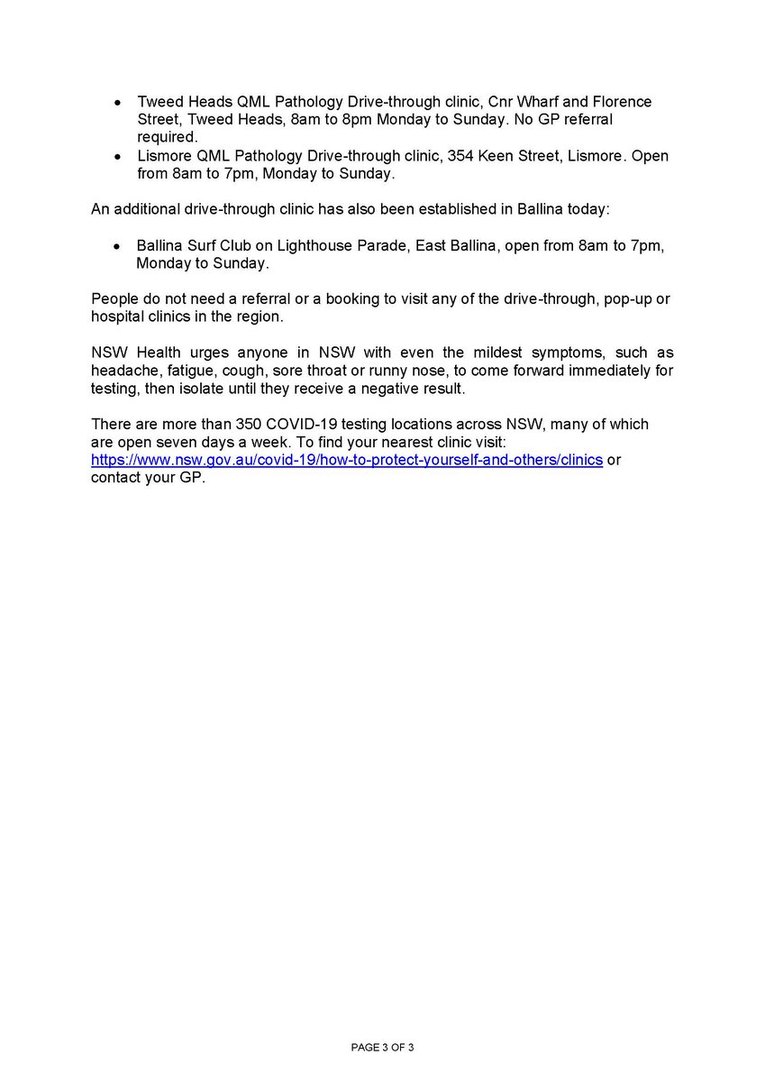 NSWHealth's tweet image. ⚠️PUBLIC HEALTH ALERT⚠️

NSW Health has been advised of new venues in the Byron Bay region that have been visited by a confirmed case of #COVID19. Advice has also been updated for some previously announced venues.

Please view media release for full details.