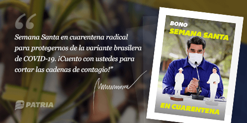 Buenos días. 🙏

Hasta el día de hoy estaremos asignado el Bono Semana Santa enviado por nuestro Presidente.<a href="/NicolasMaduro/">Nicolás Maduro</a> a través del Sistema <a href="/CarnetDLaPatria/">Carnet de la patria</a>.

#TodosContraElVirus #31Mar Carnet de la patria