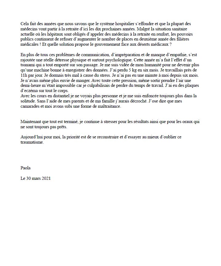 CPEPASS2021's tweet photo. Etudiants #PASS #LAS vos témoignages nous arrivent.
Essentiel que vous exprimiez votre vécu cette année horrible pour vous.
Ils sont très importants pour appuyer nos demandes.
IL FAUT QUE CELA SE SACHE.
Un témoignage poignant reçu hier soir.
#PassLas2020PromoSacrifiee https://t.co/7CzoZRZNo9