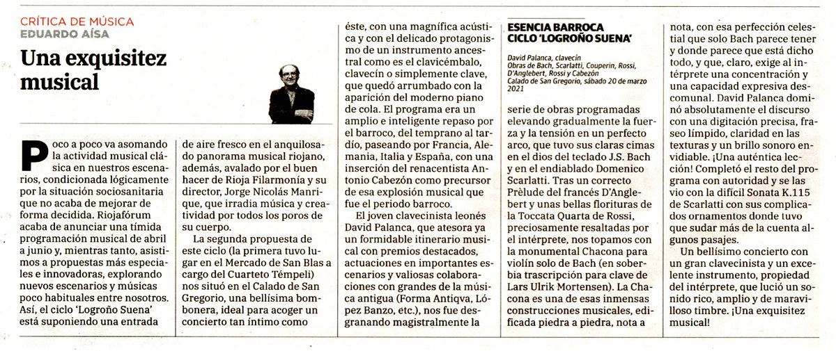 JorgeNicolasDir's tweet photo. 👂🏼#LogroñoSuena👂🏼

📰Hoy ha aparecido en @lariojacom la crítica del concierto #EsenciaBarroca que ofreció el clavecinista leonés @davidcembalopal el pasado 20 de marzo en el #CaladoDeSanGregorio.

🙂Muchísimas gracias a Eduardo Aisa por sus palabras.

¡Logroño Suena! https://t.co/8NXx5S5Bz4