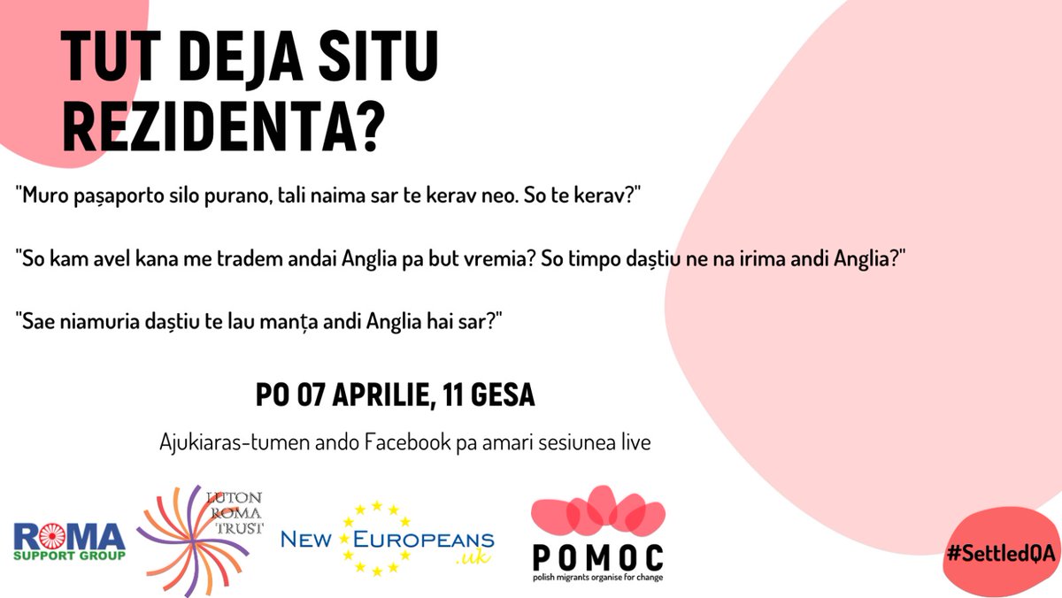 Aluna Victoria (@alunavictoria1) on Twitter photo Join the EUSS live session in Romanes language with <a href="/DenisaGannon/">Denisa Gannon</a> from the <a href="/neweuropeansUK/">New Europeans UK</a>, <a href="/LutonRomaTrust/">Luton Roma Trust</a> and <a href="/RomaSupport/">Roma Support Group</a> on 7th April at 11am. We will be live on POMOC facebook group:
facebook.com/events/1987104… Join the EUSS live session in Romanes language with <a href="/DenisaGannon/">Denisa Gannon</a> from the <a href="/neweuropeansUK/">New Europeans UK</a>, <a href="/LutonRomaTrust/">Luton Roma Trust</a> and <a href="/RomaSupport/">Roma Support Group</a> on 7th April at 11am. We will be live on POMOC facebook group:
facebook.com/events/1987104…