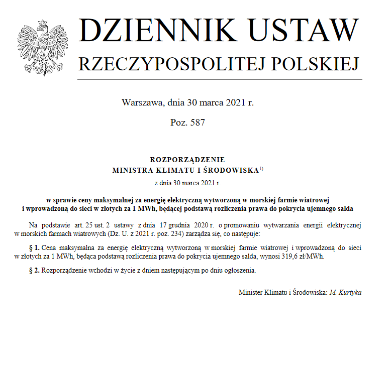 Rozporządzenie w sprawie maksymalnej ceny dla morskiej energetyki wiatrowej opublikowane w Dzienniku Ustaw 30 marca b.r. Cena za energię elektryczną w ramach pierwszej fazy wsparcia offshore:  319,6 zł/MWh #offshore #windenergy #oze #morskaenergetykawiatrowa #energylaw