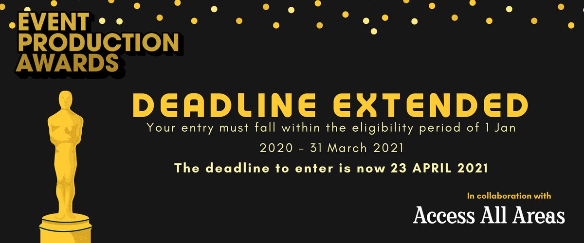 ⏰DEADLINE EXTENDED to enter <a href="/eventprodawards/">Event Prod Awards</a>
is now 23 APRIL 2021. ENTER HERE bit.ly/3rEuAzW
#eventproduction #liveevents