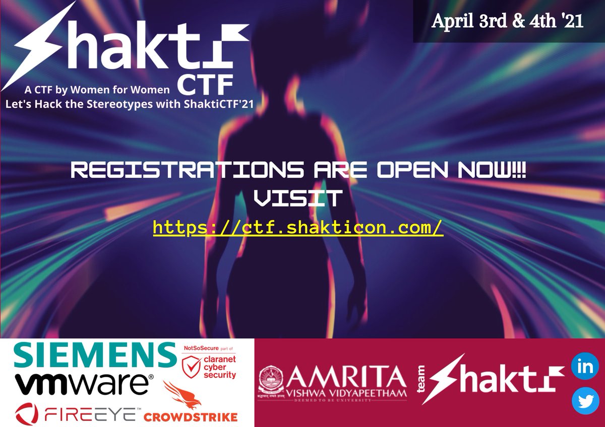 shakticon's tweet photo. #ShaktiCTF'21 is here! Go and #registernow @ https://t.co/O5ymn7I0C2!!

#CTFSchedule:
Start: 03 April 2021, 06:30 UTC
End:   04 April 2021, 18:30 UTC

🏆🥇🥈🥉 Win #prizes worth 4⃣0⃣0⃣0⃣💰💵!!! 

#cybersecurity #CTF #infosec #WomenInSTEM #womenintech #security #Ethicalhacking https://t.co/0MzAhw464w